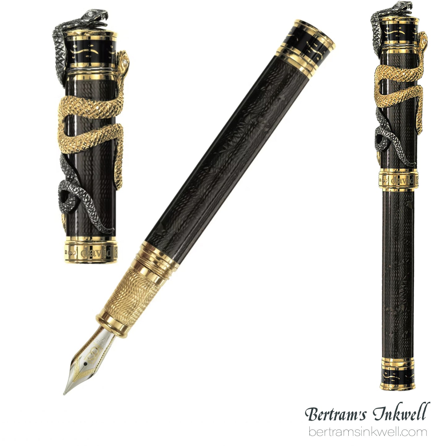 David Oscarson Black Water Snake Translucent Moss Black and Opaque Black with Vermeil Fountain Pen
