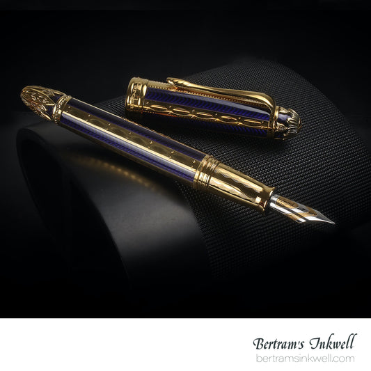Michel Perchin Ribbed Blue and Gold Limited Edition Fountain Pen, 1995